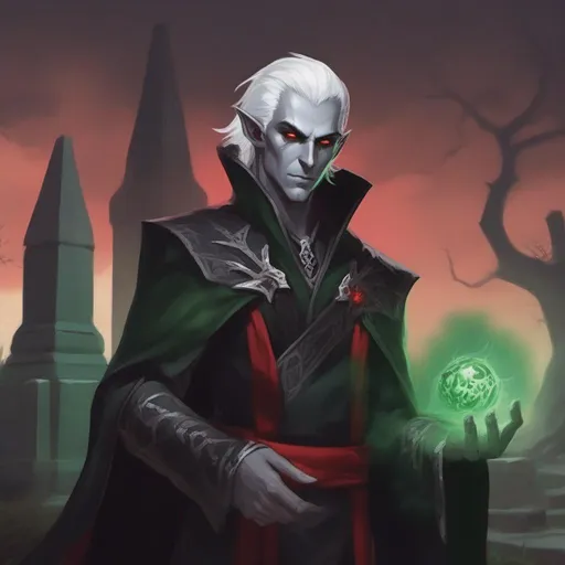 Prompt: dnd a handsome male dark elf necromancer with short fluffy white hair and red eyes wearing a black and green robe in a graveyard 