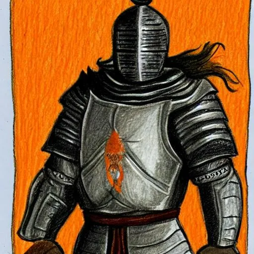 Prompt: A drawing of a formidable knight with orange colors standing