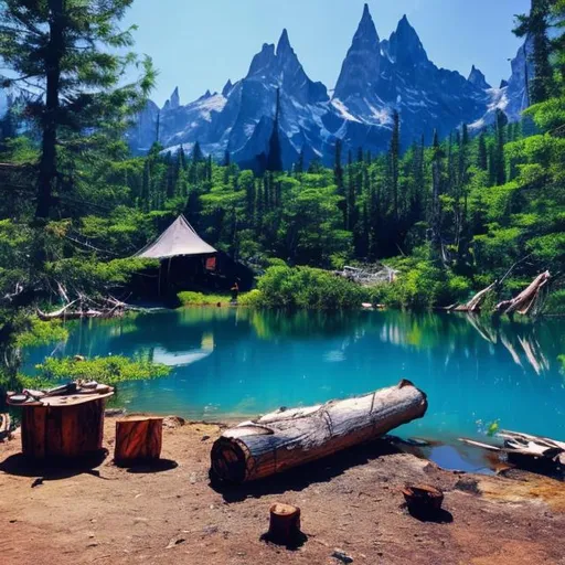 Prompt: Blue lake, rocks, fish inside, trees, sun, mountain, flowers, camp, firewood.