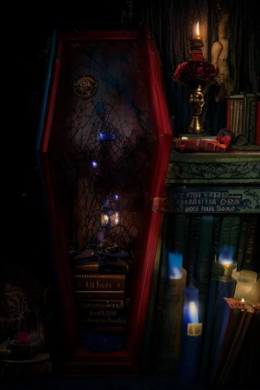 Prompt: Photo of a dark blue library with wiccan and vampire decoration, cobwebs and a red velvet lined wooden coffin standing up. 