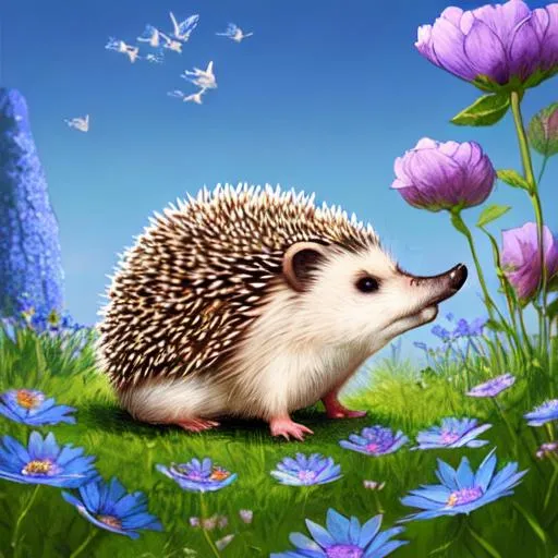 Prompt: hedgehog smelling a flower clear blue sky intricate artwork by Beatrix Potter cottagecore aesthetic 8K highly detailed wide angle  