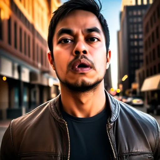 Prompt: "Create an image of a handsome and strong man living his daily life with a sense of resilience and determination. He has rugged, chiseled features and a confident yet calm demeanor. He’s casually dressed in a leather jacket and jeans, embodying a tough yet approachable attitude. In the background, he could be walking through an urban city street at sunset, with the warm glow of light highlighting his face. His expression reflects both strength and wisdom, as if he's faced many challenges and overcome them. The overall mood should convey grit, confidence, and perseverance."