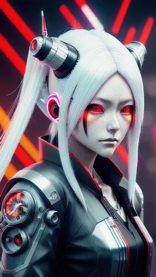 Prompt: Hyperrealistic, 8k graphics, ultra hd, , Futuristic cyberpunk robot lady, japanese, anime stile, long hair, white hair, short metal horns, metal face parts, wearing a black & red yukata, gorgeous, excessive detail, clean image, hyper realism, 3d character, realistic portrait, incredible detailed and complex, high resolution, cyberpunk neon background, at night, looking left, mid shot, intricately detailed, 2/3 face angle