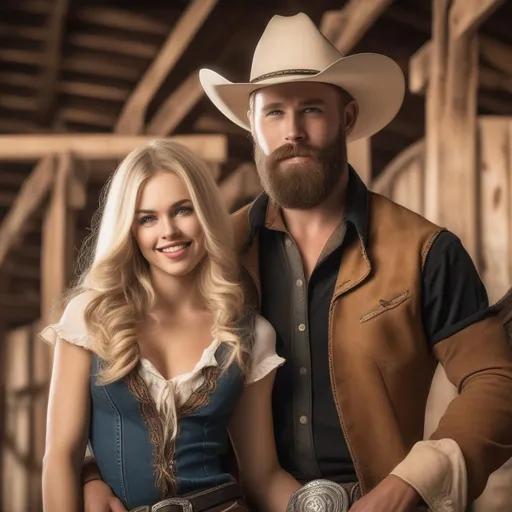 Prompt: A Blonde cowboy with a neat beard and blonde cowgirl