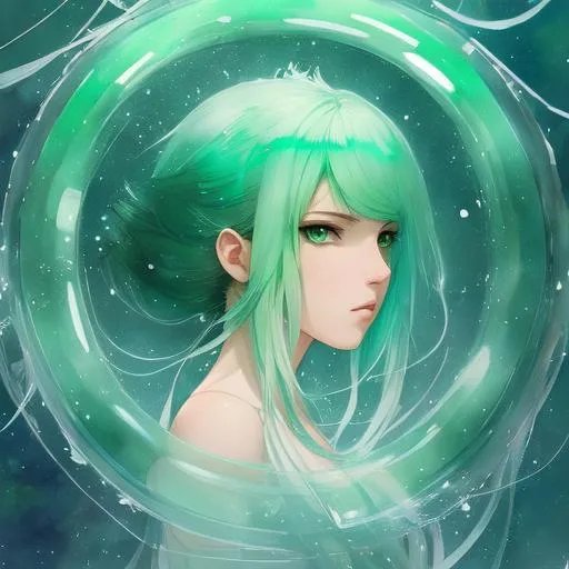 Prompt: a jellyfish girl with symmetrically white and green hair, perfect composition, anime, trending art, trending on artstation, by greg rutkowski, illustration, watercolor