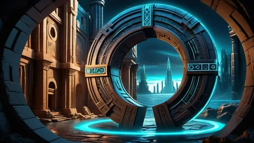 Prompt: magical portal between cities realms worlds kingdoms, circular portal, ring standing on edge, upright ring, freestanding ring, hieroglyphs on ring, complete ring, ancient roman architecture, atlantis setting, blue aurora borealis, panoramic view, dark night, futuristic cyberpunk tech-noir setting