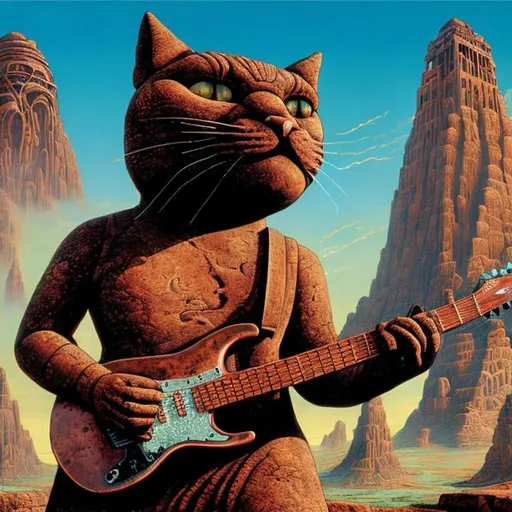 Prompt: giant ancient copper statue of giant cat playing a guitar, widescreen view, infinity vanishing point, in the style of Jacek Yerka