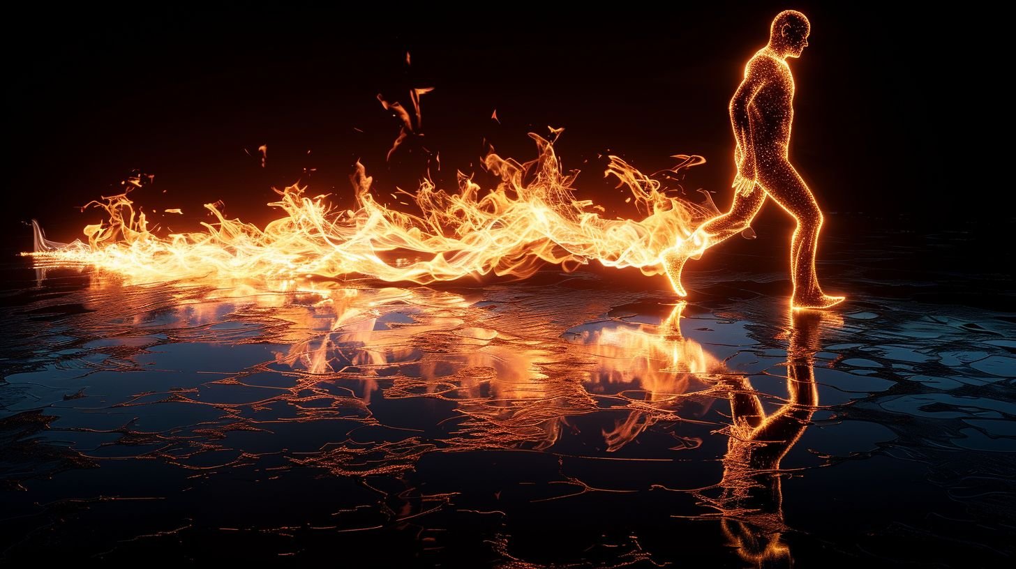 Prompt: Sideview of a man made of fire walking on a black mirror surface leaving a fire trail behind him in wide ratio --ar 16:9 --style raw --sref https://s.mj.run/wvD3-G5JztE --stylize 250 --v 6