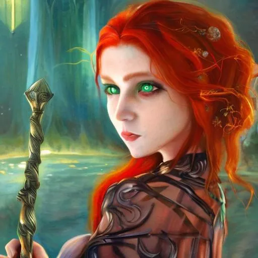 Prompt: A portrait of a woman with fair skin, red hair, and green eyes and she is a mage wearing a dress.  She holds a staff. There is a glow around her and is in the realistic style.