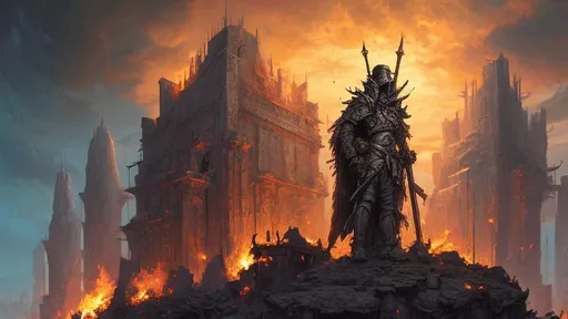 Prompt: Fantasy art by Adrian Smith, a lone sentinal stands watch over the burning city 