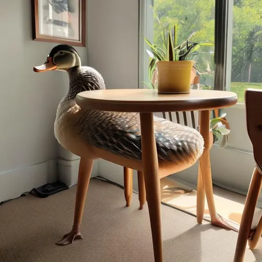 Prompt: A duck is between table and chair.