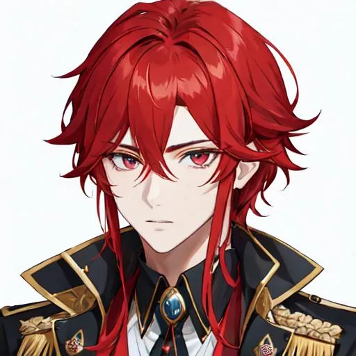 Prompt: Zerif 1male (Red side-swept hair covering his right eye) wearing a royal suit