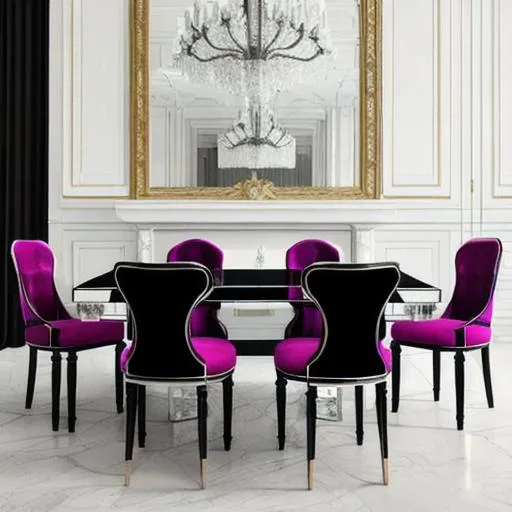 Prompt: black mirrored dining room, elegant, crystal frame chairs, fuchsia upholstery, elegant and sophisticated. 1900s photorealism