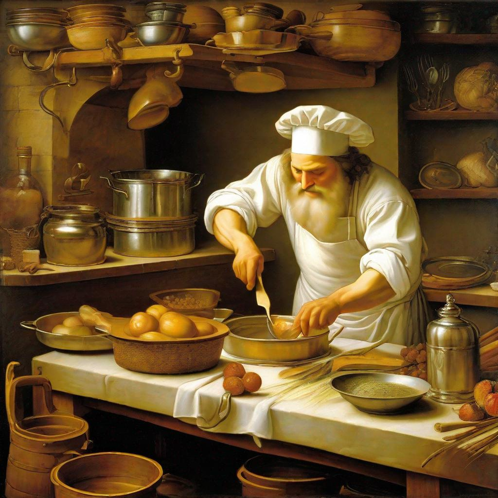 (painting), Leonardo da Vinci as chef, wearing white...