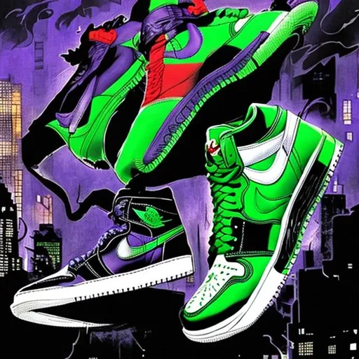 Prompt: The joker wearing Nike air Jordan retro 1 while fighting batman