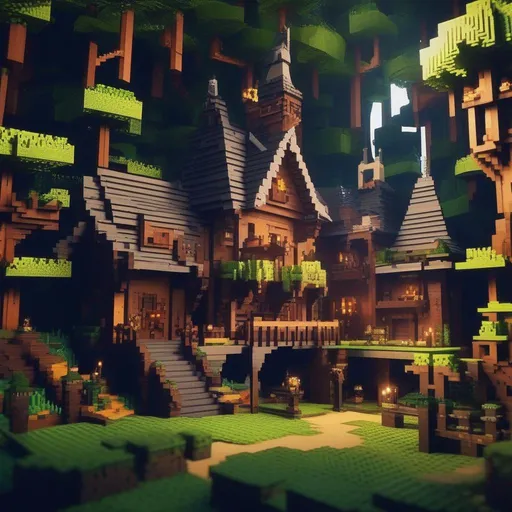 Prompt: ((A dark and medieval fantasy world comes to life in a stop motion action movie inspired by Minecraft.))