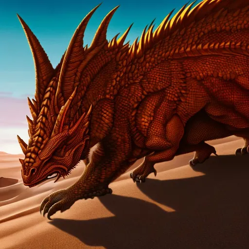 Prompt: futuristic portrait painting of a red dragon girl, detail eyes, detailed scales, desert in the background, zoom in, 8k
