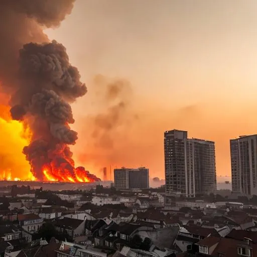 Prompt: RAW photo, realistic close up photo of a dystopian city on fire. Red sky. Smoke, Severe firestorm. Buildings on fire, Wrecked buildings and landscape, (high detailed skin:1.2), 8k uhd, dslr, soft lighting, high quality, film grain, Fujifilm XT3