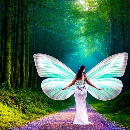 Prompt: Fairy dancing, butterfly wings, beautiful landscape, symmetrical, centered composition, white background, warm, fairy tales, light effects, aperture, trends on CGsociety, Human-like, beautiful, Beautiful Fairy flying in forest, pretty realistic face, fantasy forest, wonderland, glowing, detailed, pretty dresses, 3D, 4D, 4k, 8k 