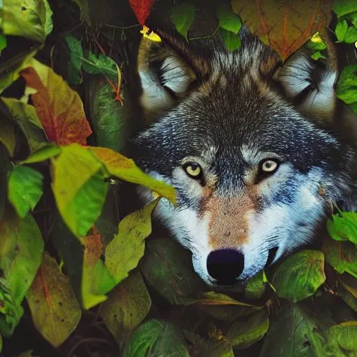 Prompt: wolf peering through leaves