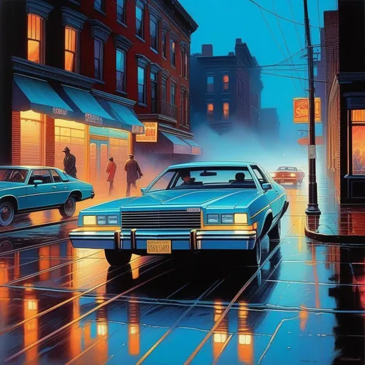Prompt: 1980s, Brooklyn at night, neon, car chase, rain, fog, cold blue atmosphere, cartoony style, extremely detailed painting by Greg Rutkowski and by Henry Justice Ford and by Steve Henderson