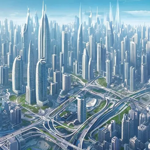 Prompt: A future white bright city eco friendly skyline flying cars robot people