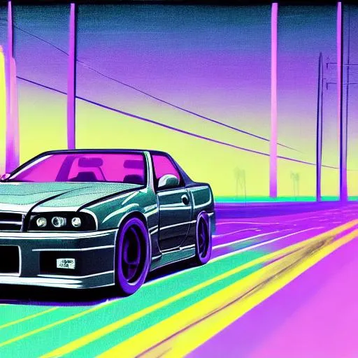 Prompt: a painting of one nissan skyline r34 driving on a highway facing left at night in the rain with vaporwave background 