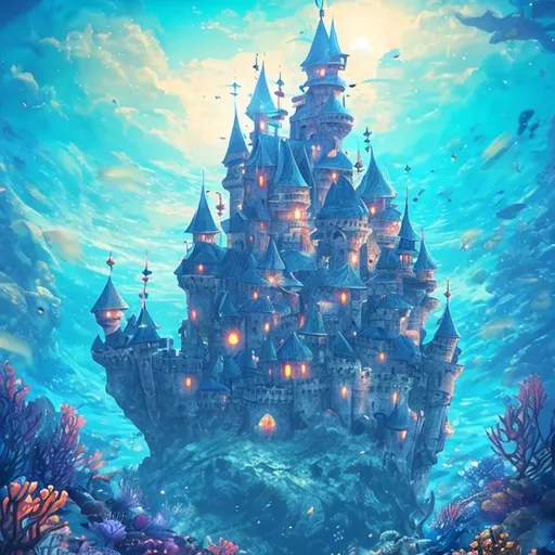 Prompt: beautifil castle under the sea with blue vibes and sun set with anime style image

