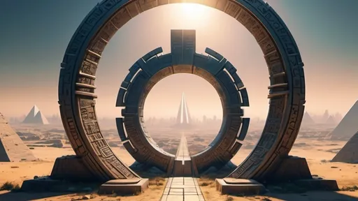 Prompt: circular portal, gateway between cities realms worlds kingdoms, ring standing on edge, freestanding ring, hieroglyphs on ring, complete ring, obelisks, pyramids, panoramic view, cyberpunk utopian setting