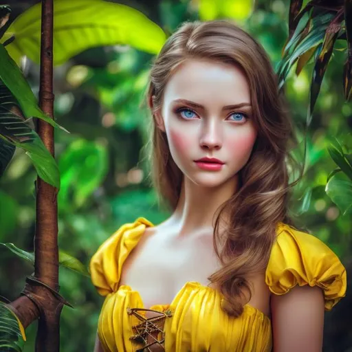 Prompt: professional modeling photo Jane as live action human woman hd hyper realistic beautiful petite english woman brunette hair fair skin blue eyes beautiful face victorian yellow dress and jewelry and parasol enchanting african congo hd background with live action realistic jungle vines