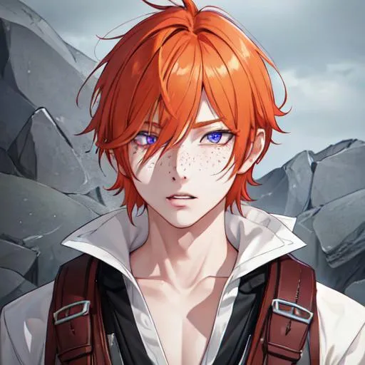 Prompt: Erikku male adult (short ginger hair, freckles, right eye blue left eye purple) UHD, 8K, Highly detailed, insane detail, best quality, high quality, anime style, tired