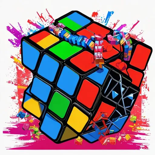 Prompt: t-shirt art, 2D, ((black background: 1, 5)), vector, vivid colors, details game, perfect, games game theme, Rubik's Cube toy, Rubik's Cube real colors cartoon toy