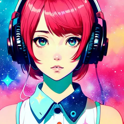 Prompt: kindergarten age school girl with headphones, very anime!!! anime!! intricate details, aesthetically pleasing galaxy colors, art by conrad roset and ilya kuvshinov