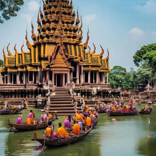 Prompt: A breath taking view of a beautiful Cambodian pagoda floating in the sunny sky crowded with magical people and Buddhist devotees and monks fantasy multi colourful  fairy tale fantasy 