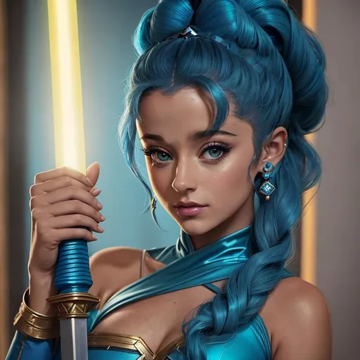 Prompt: a close up of a woman in a blue costume with a sword, ariana grande in star wars, inspired by Ambreen, exposed back, kaya scodelario, aesthetic!!!!!! female genie, displayed on the walls, credit esa, blue mohawk, teal aesthetic, pinup pose, wtf, jar jar binks, 1 0 / 1 0, nymphaea