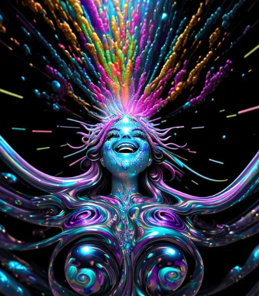 Prompt: Exuberant, Happy, upbeat psychedelic cinematic, Nebula, 3D, HD, {Beautiful Goddess}liquid silver, expansive metallic background, supernova, freeform colorful ink chaos, hyper realistic, 8K --s98500