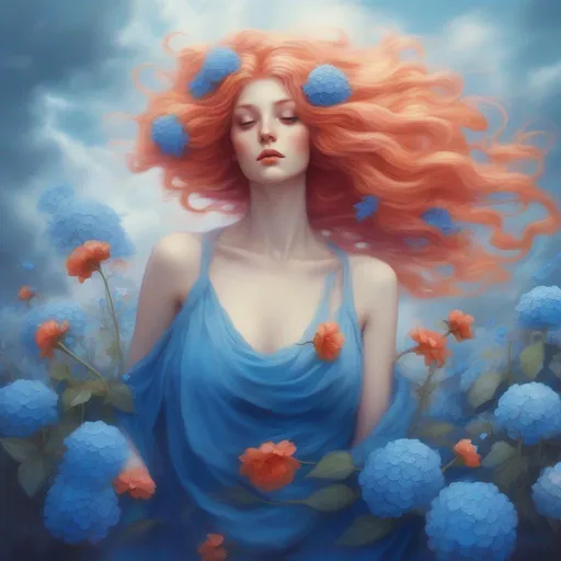 Prompt: A beautiful and colourful Persephone whose hair is made of clouds that rains down blue flowers in a painted style
