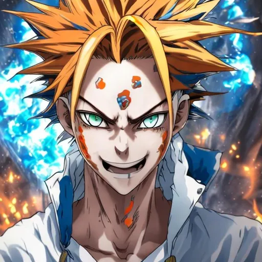 Prompt: Orange and blue haired senku from dr stone with golden eyes anime artwork