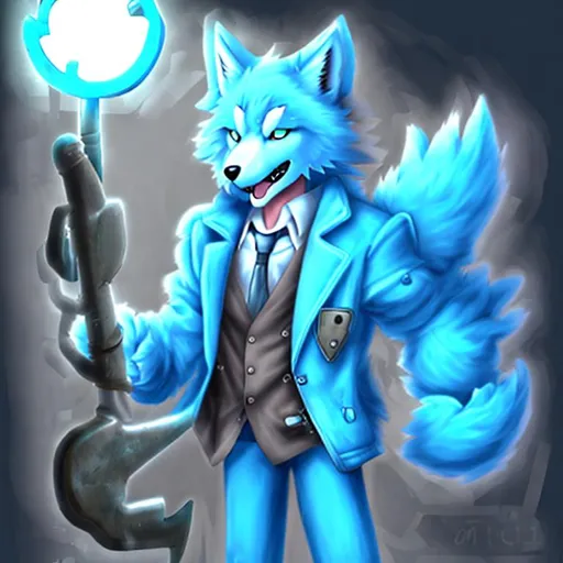 Prompt: A light blue, purle, anthro wolf with a wrench big wrench on his back