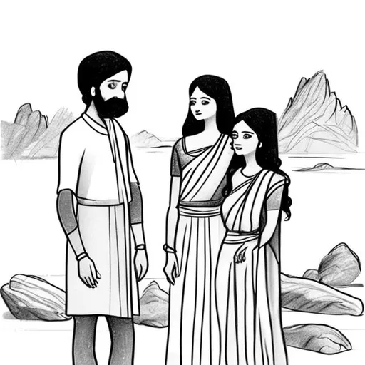 Prompt:  sketch of ancient indian brother and sister standing near a cave. Their face should be visible 