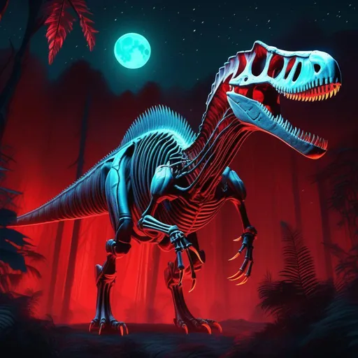 Prompt: A fantasy bioluminescent skeleton of a Spinosaurus that is glowing, rotting flesh, evil, scary, creepy, terrifying, dripping red rainforest, huge blood moon, beneath the stars, highres, best quality, concept art