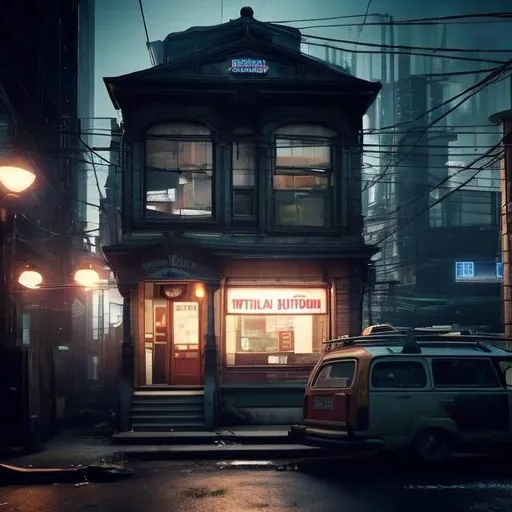 Prompt: A small vintage Victorian single floor house, sitting in a urban cyberpunk city. With a old beat-up 90s VW station wagon in the front.
 