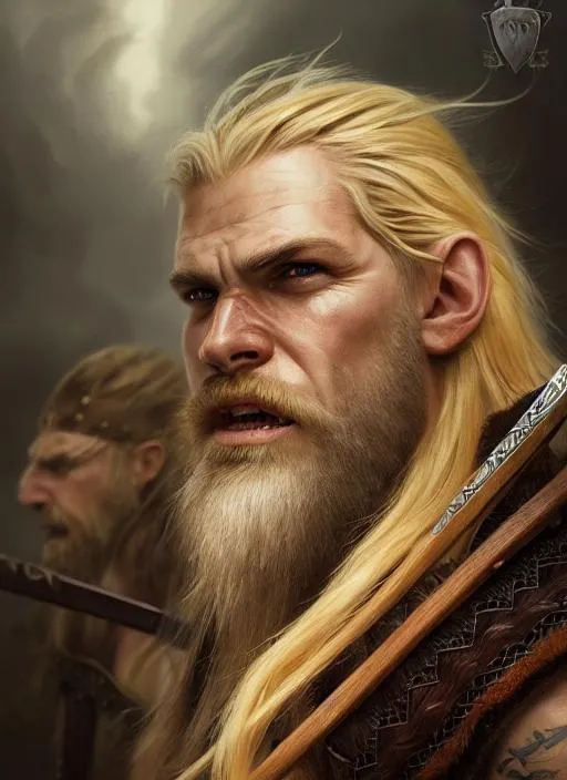 Prompt: Portrait of viking vampire barbarian with blond hair and with long blond beard, exposed canines,intimidated face, background night, perfect composition, hyperrealistic, super detailed, 8k, high quality, trending art, trending on artstation, sharp focus, studio photo, intricate details, highly detailed, by greg rutkowski