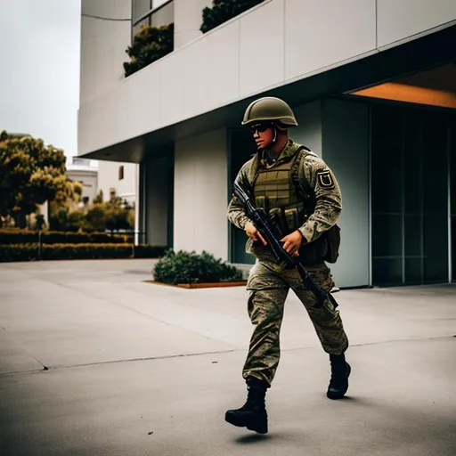 Prompt: Modern day military soldier storming building