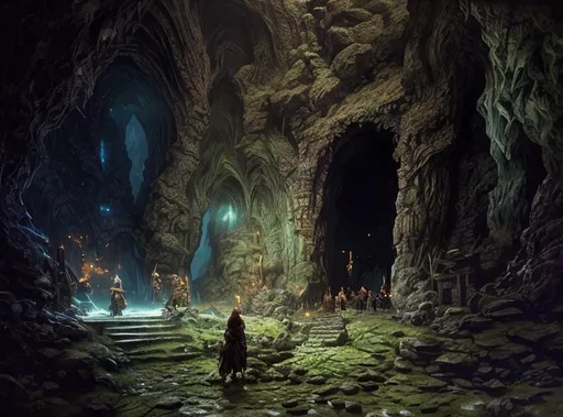 Prompt: Dark cave entrance, highly detailed, d & d, fantasy, highly detailed, digital painting, trending on artstation, sharp focus, illustration, global illumination, ray tracing,  art by artgerm and greg rutkowski and fuji choko and viktoria gavrilenko and hoang lap
