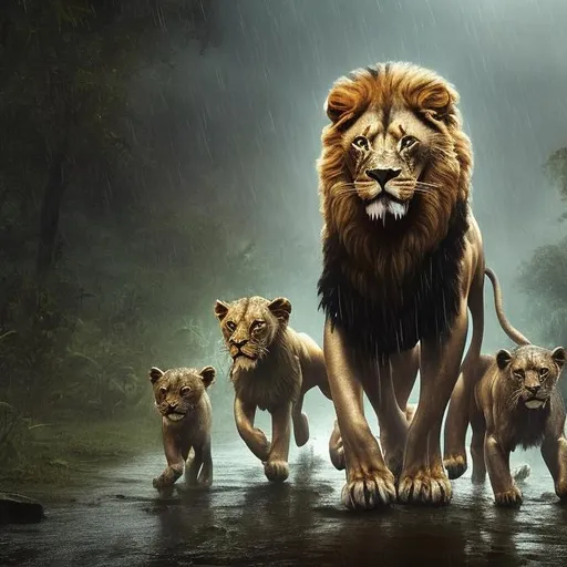 Prompt: A majestic lion strides with purpose through a rain-soaked forest, accompanied by a determined human companion. Nearby, a sprawling city is overrun by hordes of zombies, adding an air of suspense and danger to the scene