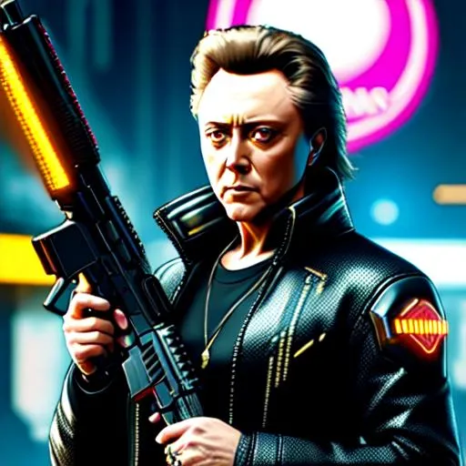 Prompt: christopher walken, cyberpunk 2077, cybernetic implants, gun

