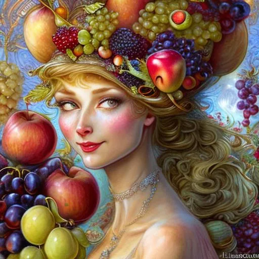 Prompt: "Insanely detailed fairytale ladies hat with real fruits on, grapes, apples, pears, pineapple, hat is dominant on the picture, Daniel Merriam and Josephine Wall and Alphonse Mucha, golden hour, softly glowing, misty, maximalist, 8k resolution concept art, shiny, taken on nikon D750, cinematic"