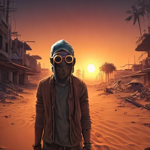 Prompt: a hyper realistic sunset landscape with a person closely looking at the camera with the appearance of a futuristic survivor totally covered by clothes and mask glasses that protect him from sand and sun in which the sand color predominates and a city appears in ruins devoured by sand