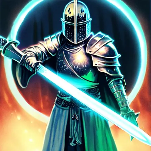 Prompt: A glowing knight with a glowing eye and a glowing sword